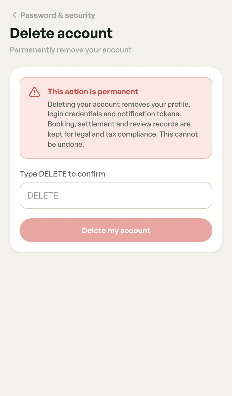 Delete account screen with a permanent action warning, a Type DELETE to confirm box and a Delete my account button