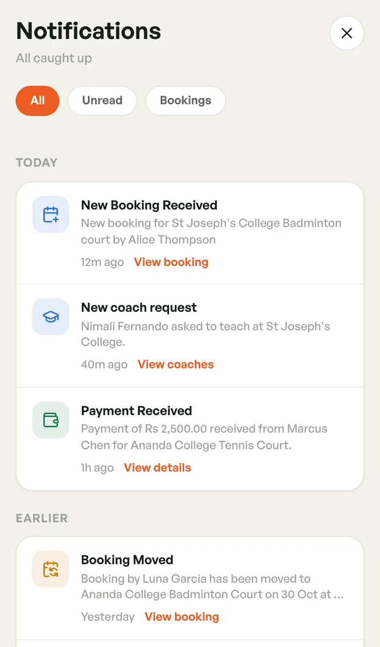 Notifications screen with All, Unread and Bookings tabs and notifications grouped under Today and Earlier