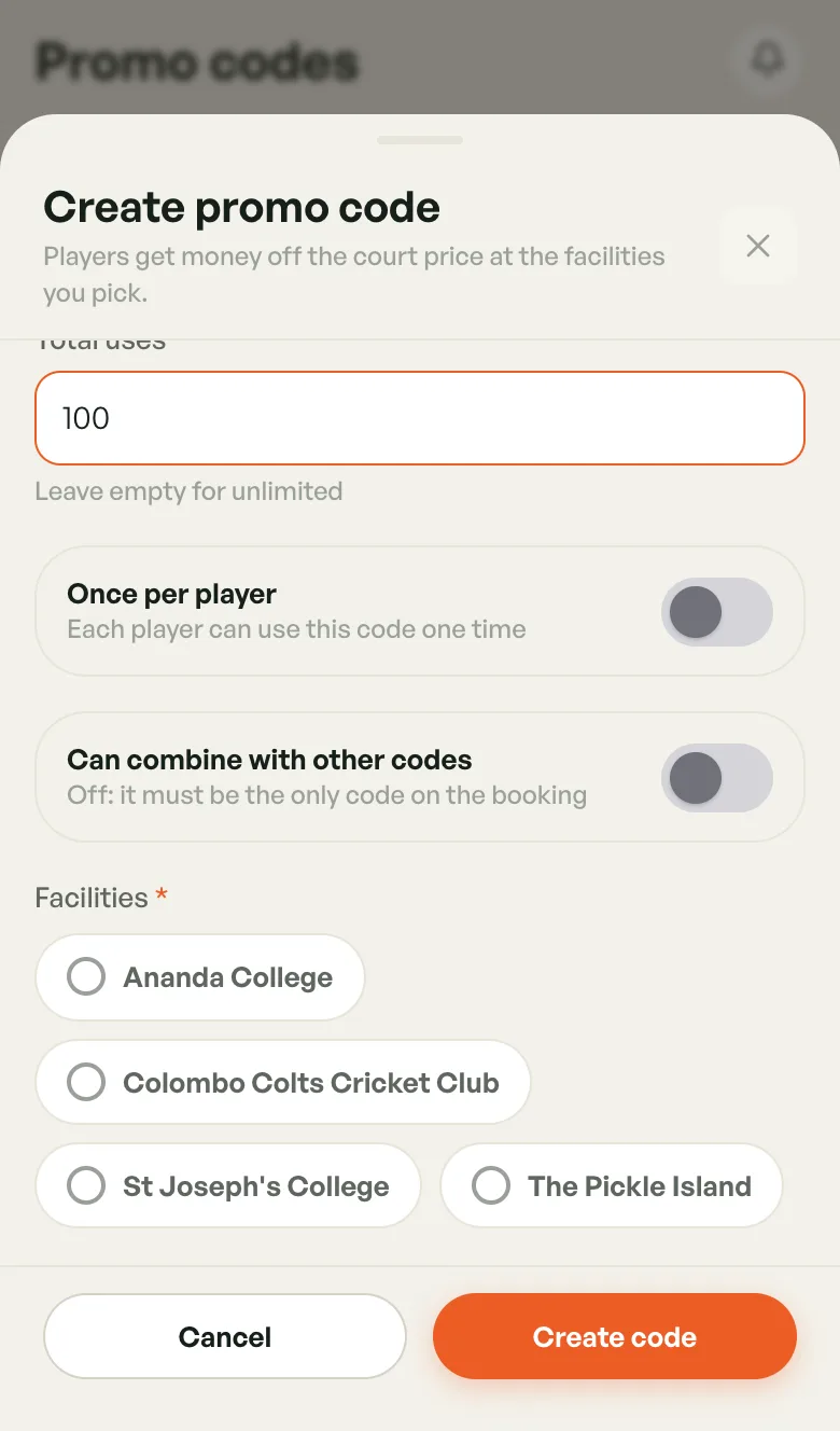 Lower part of the Create promo code sheet with total uses, two switches and facility choices