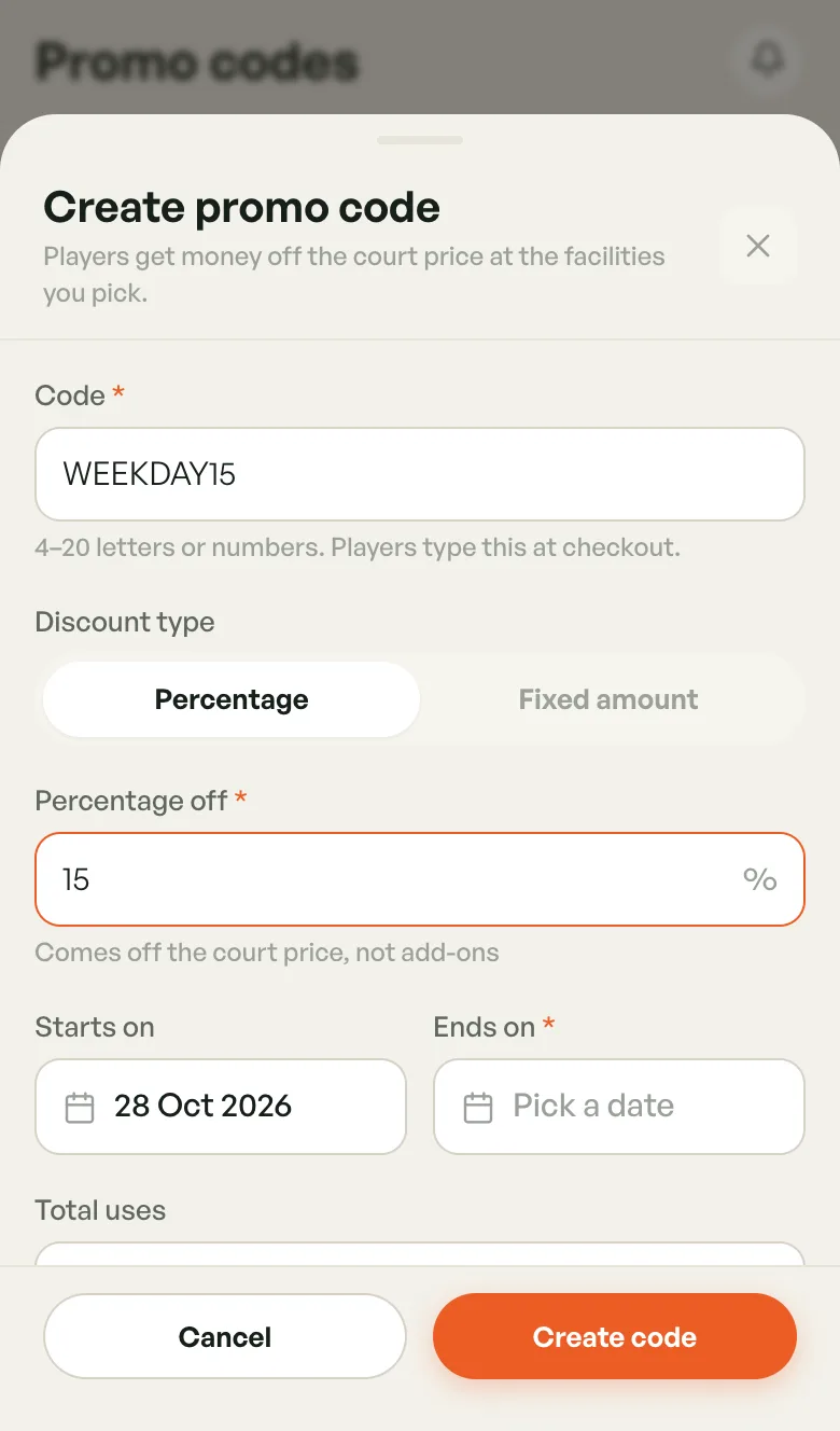 Create promo code sheet with code, discount type, percentage off and date fields