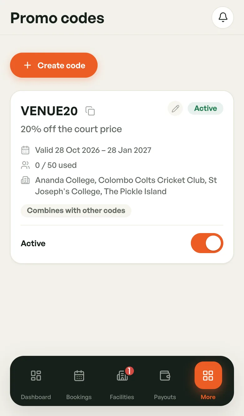 Promo codes screen with a Create code button and a VENUE20 code card