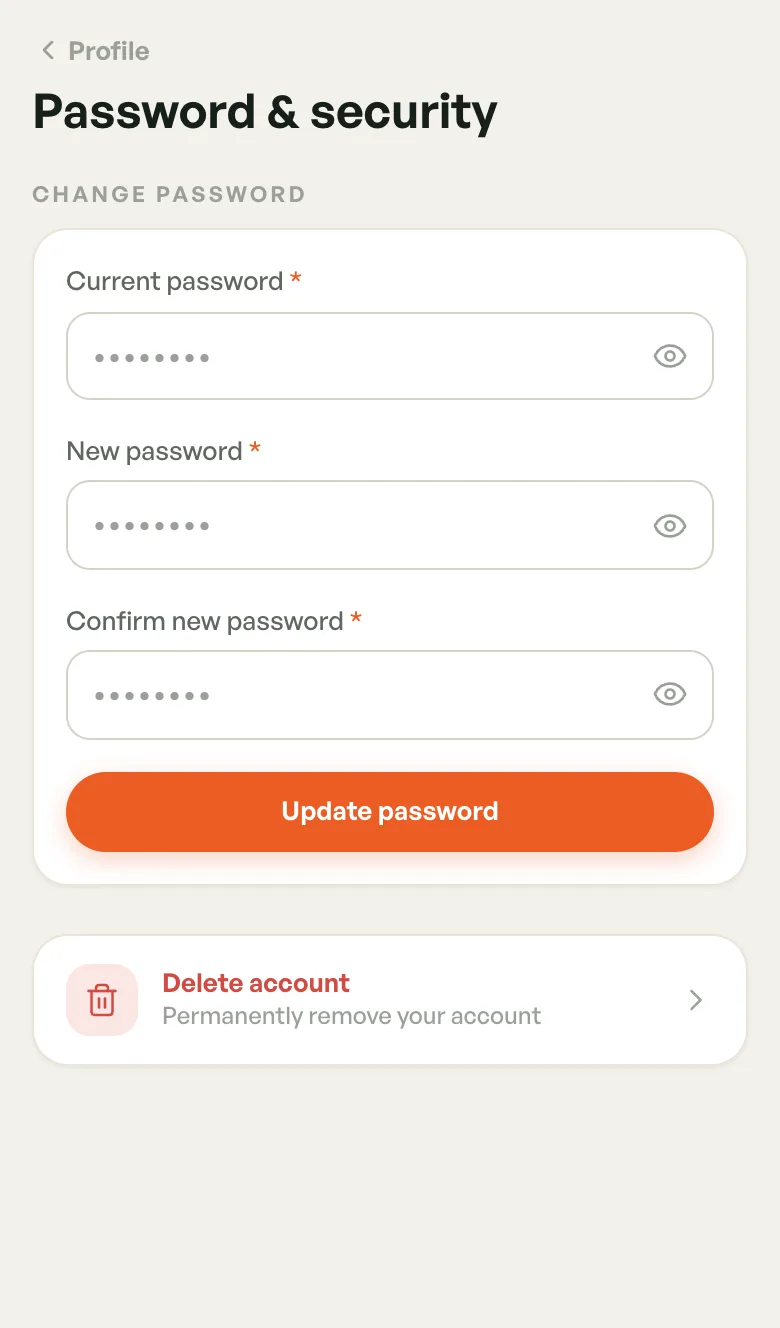 Password and security screen with current, new and confirm password fields and a Delete account row