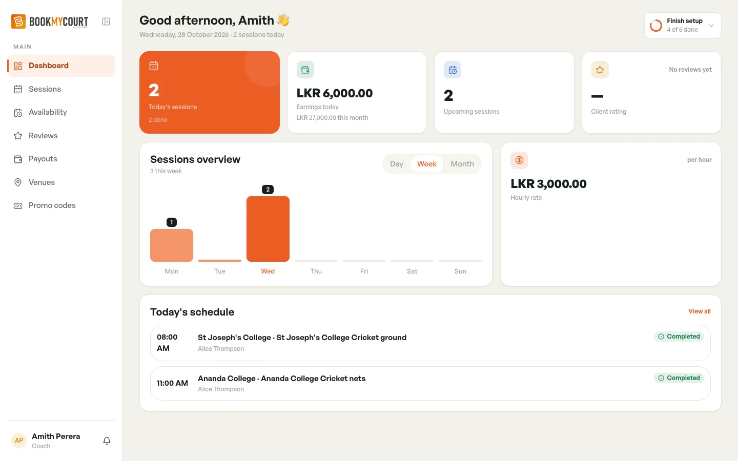 Coach dashboard on desktop with the sidebar on the left