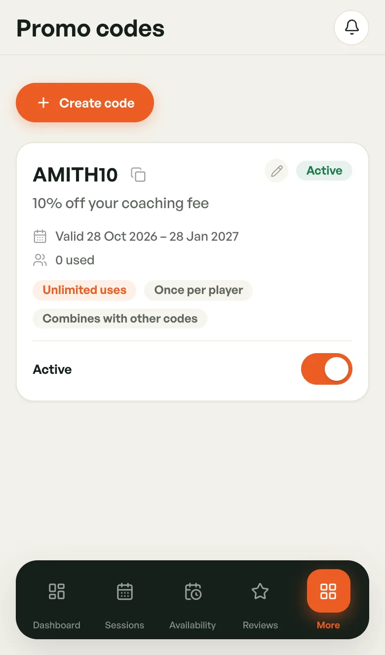 Promo codes page with one active code, AMITH10, 10% off your coaching fee