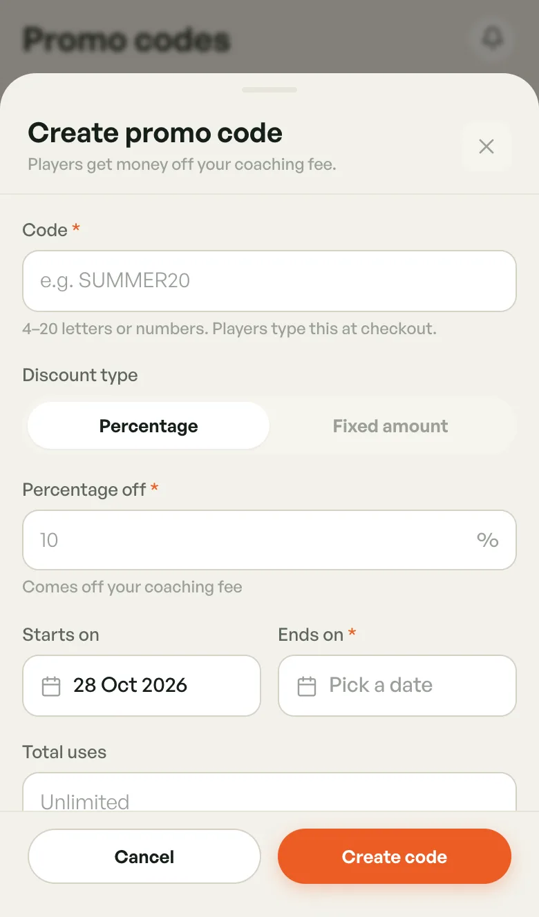Create promo code sheet with code, discount type, percentage and dates