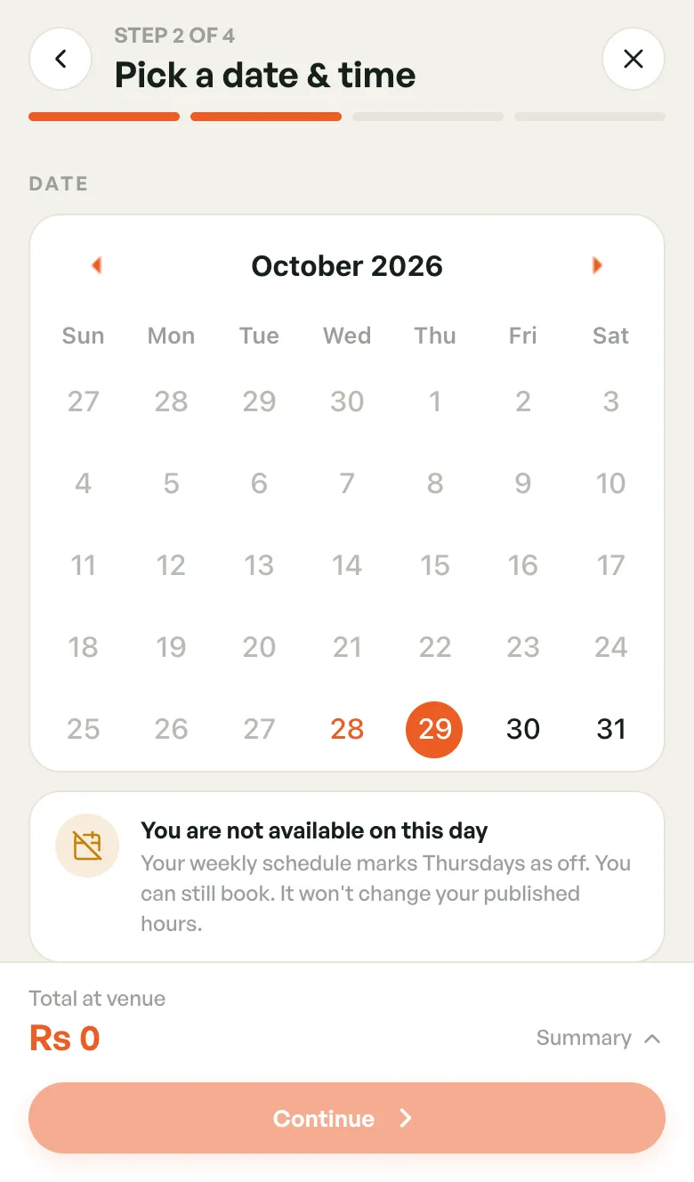 Calendar with a date picked and a notice: You are not available on this day