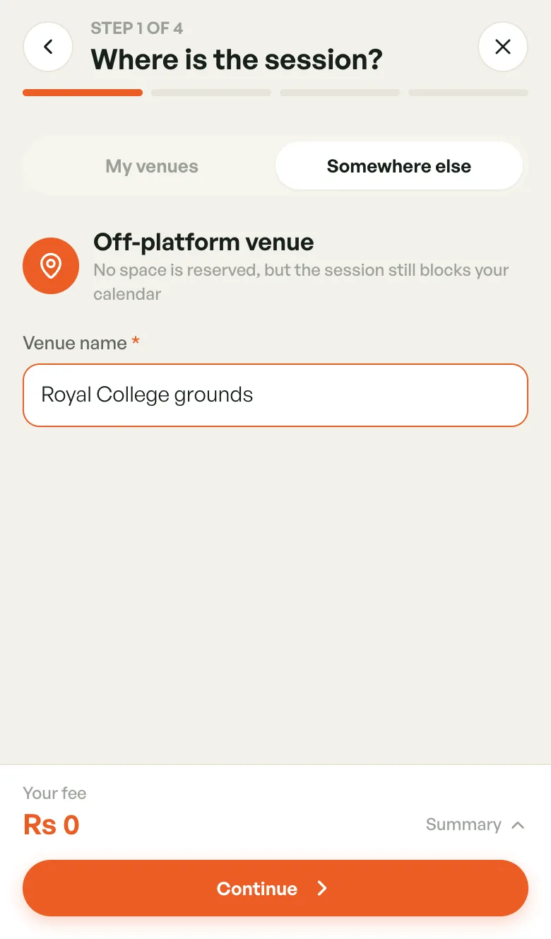 Step 1 with Somewhere else selected and a venue name typed in