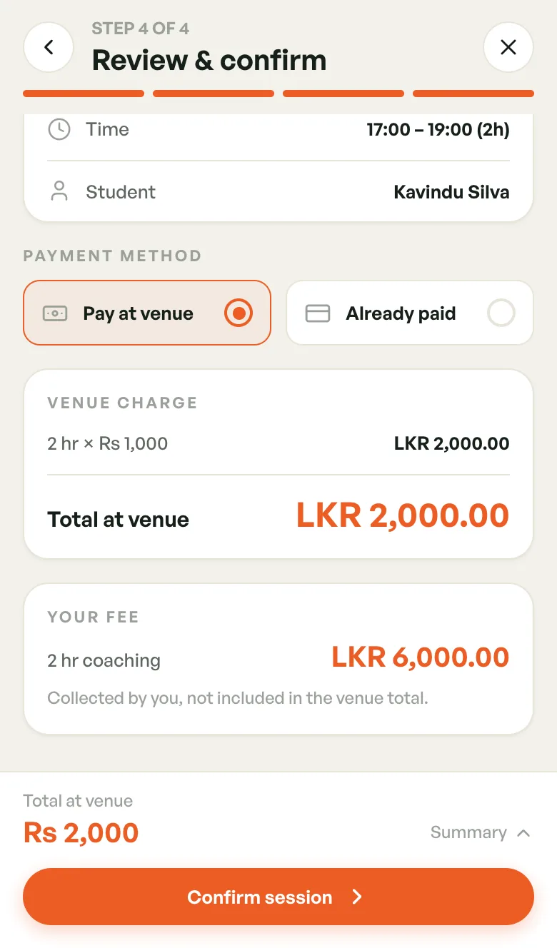 Review step with payment method, venue charge and your fee