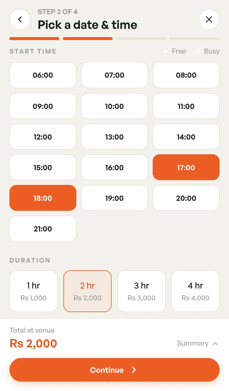 Start time grid with 17:00 and 18:00 selected and a 2 hr duration