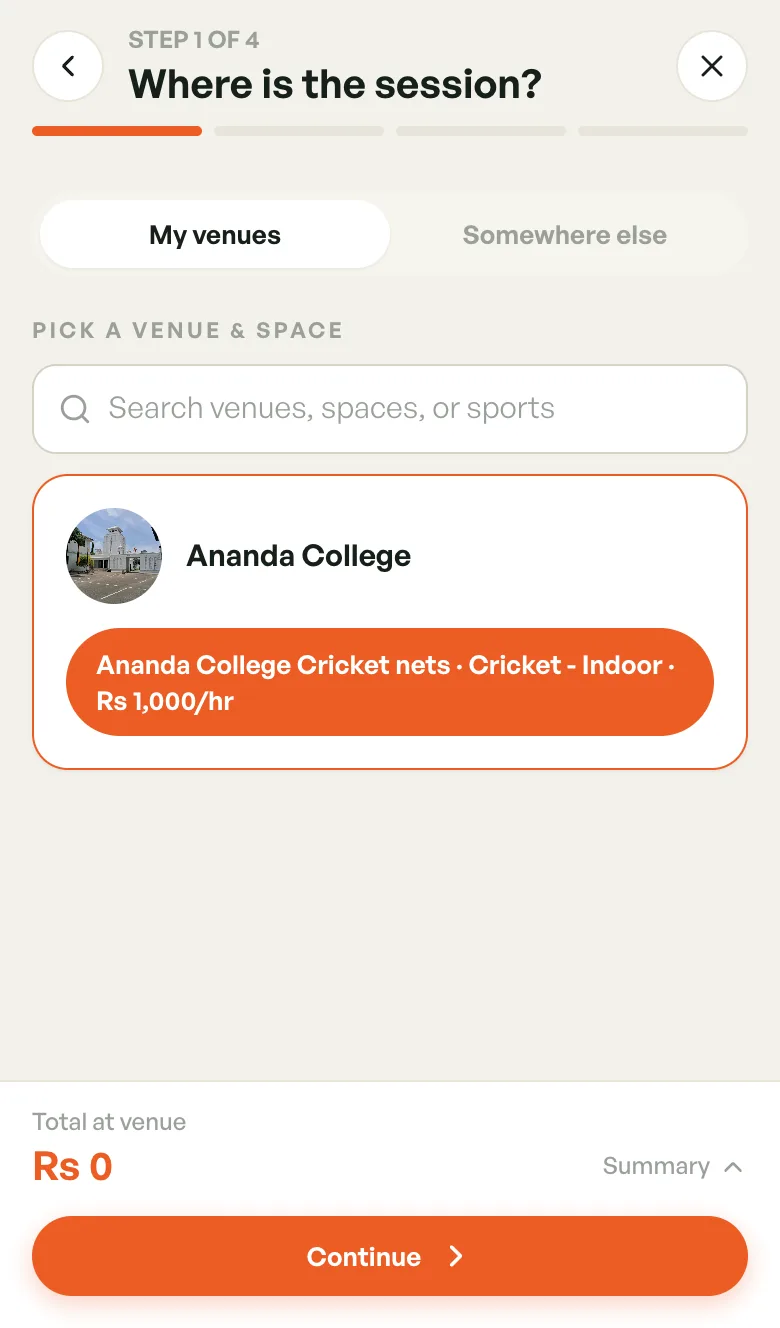 Step 1 with My venues selected and a court chip picked at Ananda College