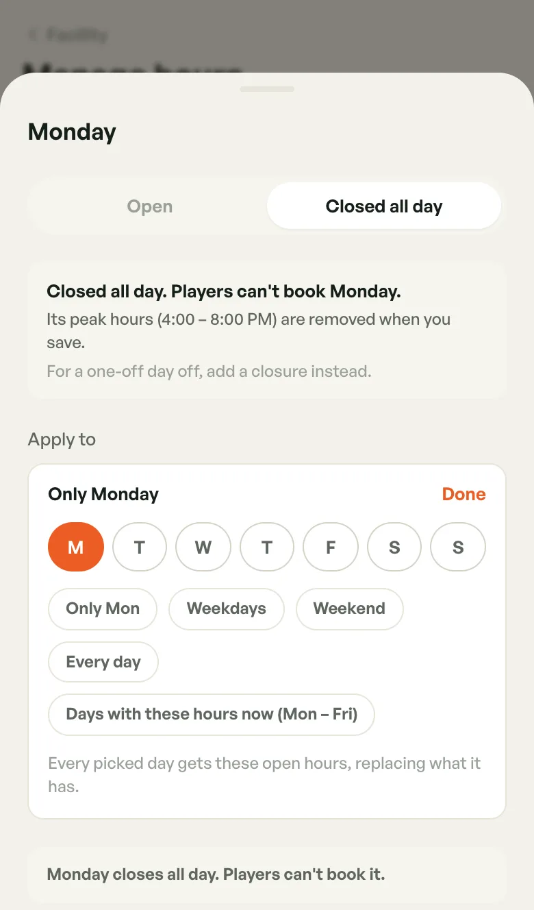 Monday set to Closed all day, with the Apply to day picker open