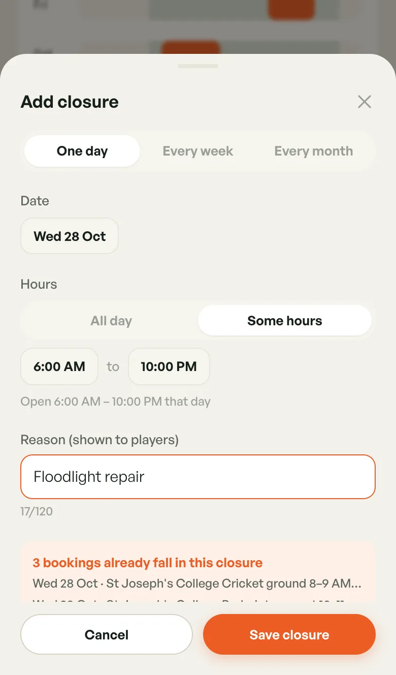Add closure set to some hours with a reason