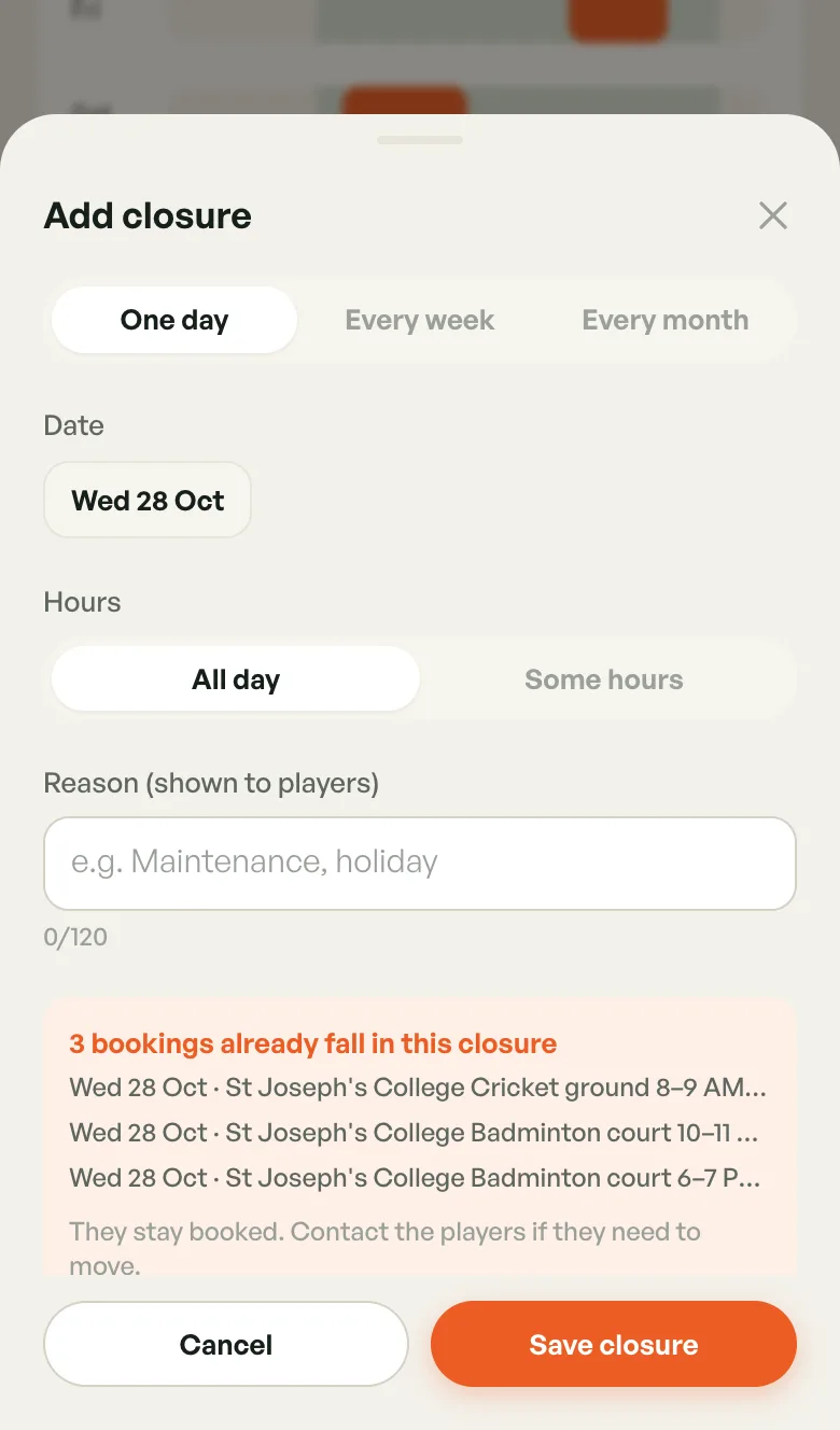 Add closure form for one day, all day, with 3 bookings already in it