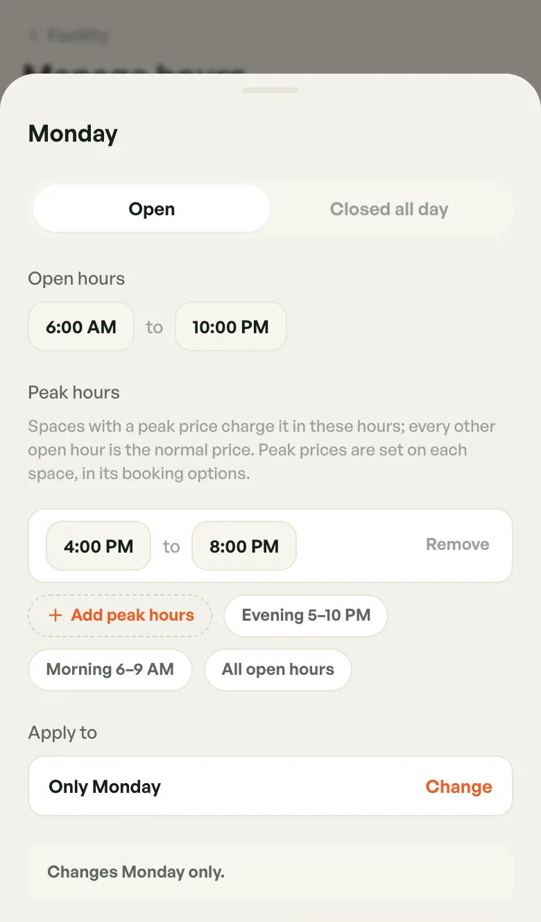 The Monday editor with open hours, peak hours and Apply to