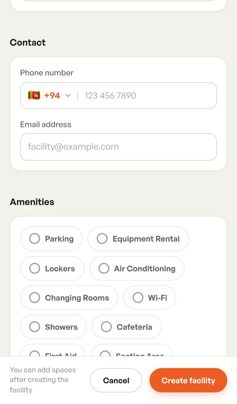 Contact section with phone number and email, and a list of amenities to tick