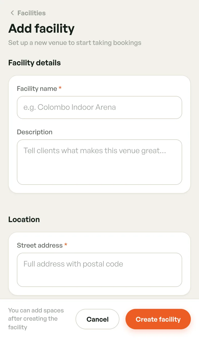 Add facility form with Facility name, Description and Street address