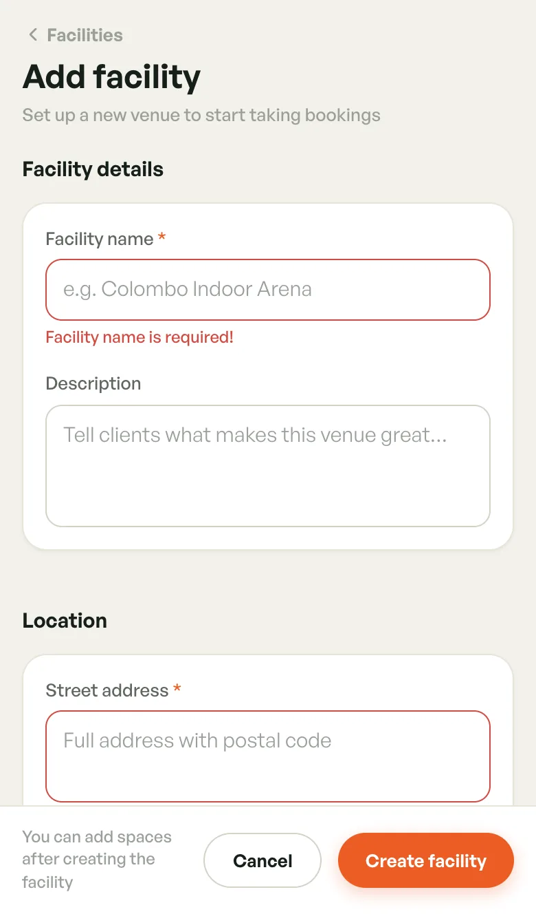 Form with Facility name is required shown under an empty name field