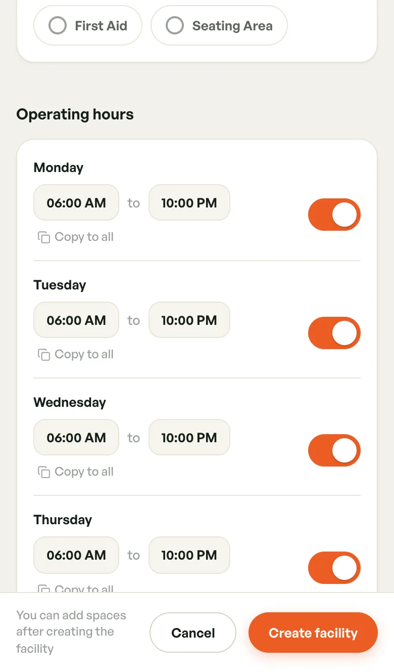 Operating hours with a time range, Copy to all and an open switch for each day