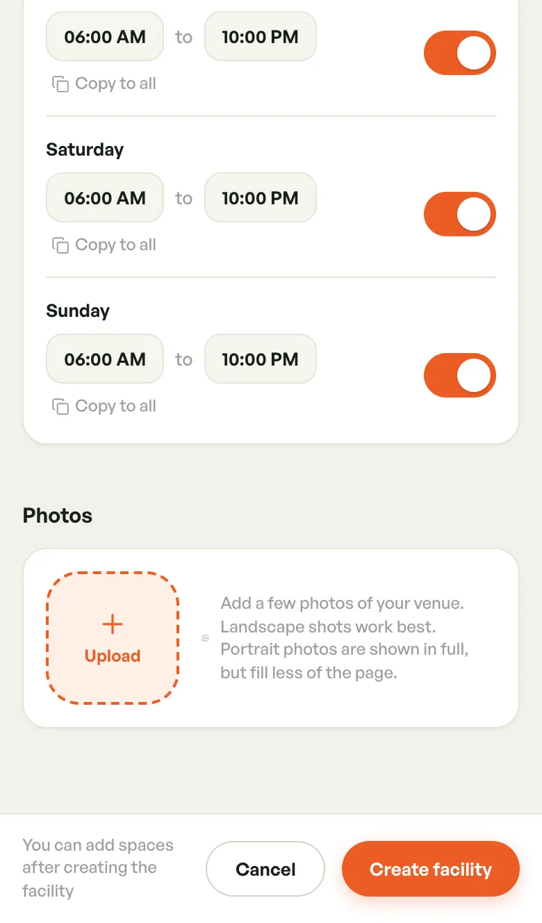 Photos section with an Upload tile, above the Cancel and Create facility buttons