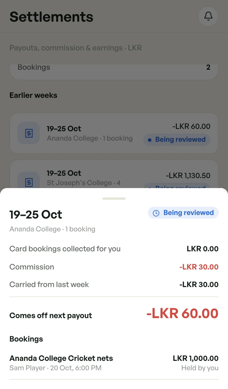 Week 19 to 25 Oct with Carried from last week -LKR 30.00 making Comes off next payout -LKR 60.00