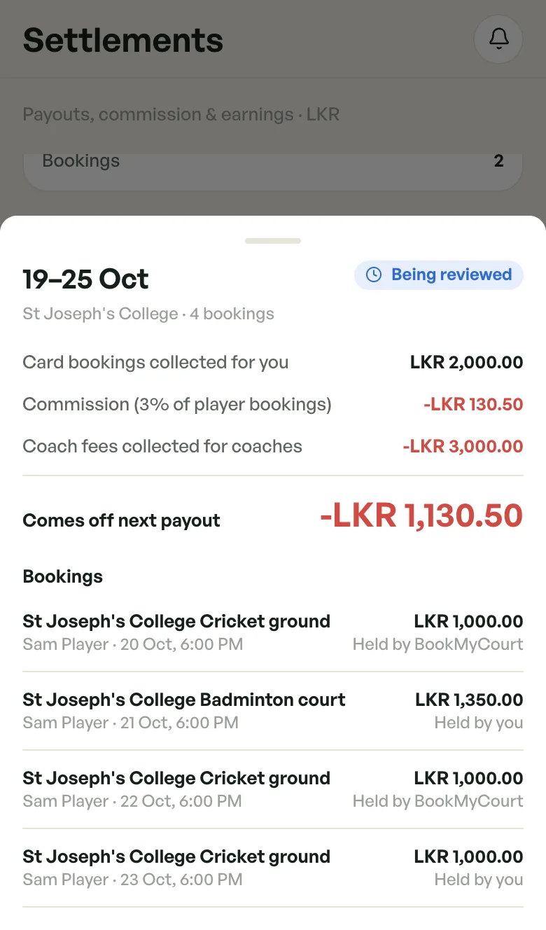 Week 19 to 25 Oct, Being reviewed: card bookings LKR 2,000.00, commission -LKR 130.50, coach fees collected for coaches -LKR 3,000.00, comes off next payout -LKR 1,130.50