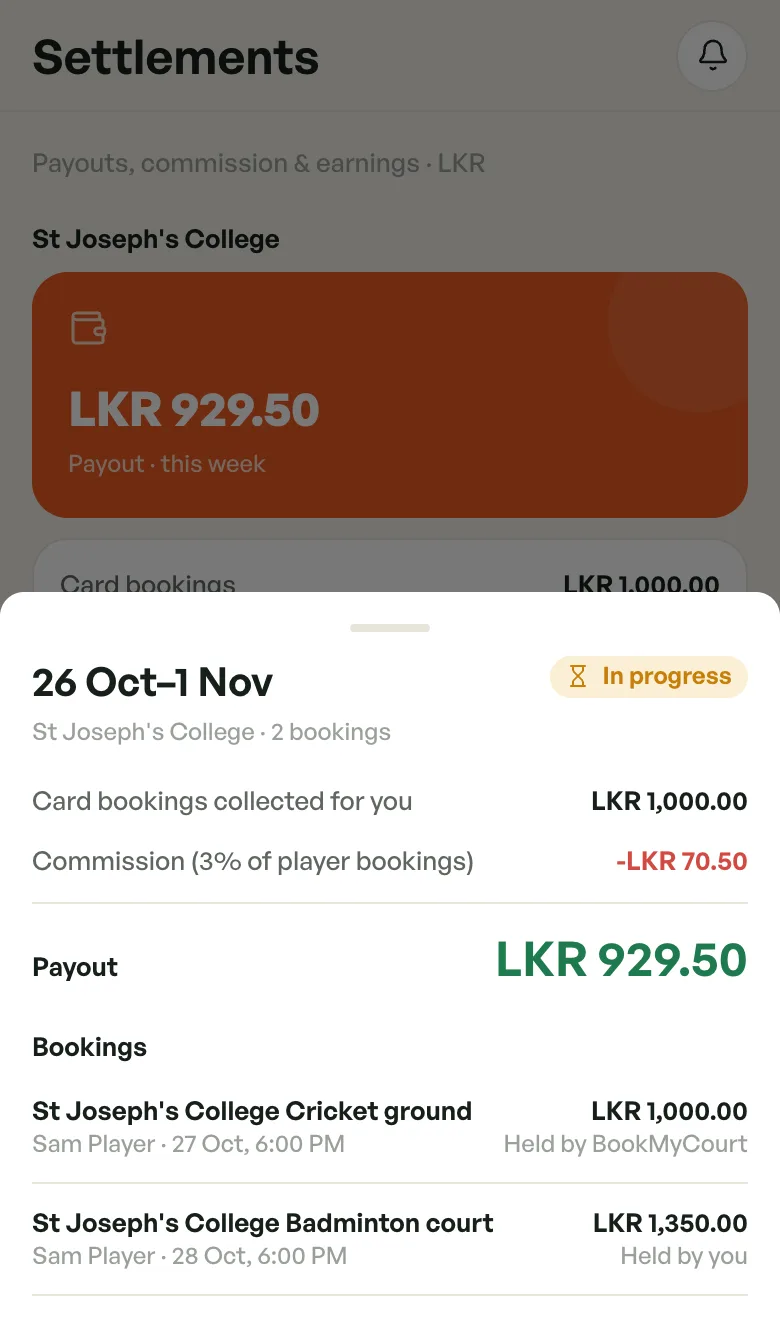 Details for 26 Oct to 1 Nov, In progress: Card bookings collected for you LKR 1,000.00, Commission 3% of player bookings -LKR 70.50, Payout LKR 929.50, and two bookings