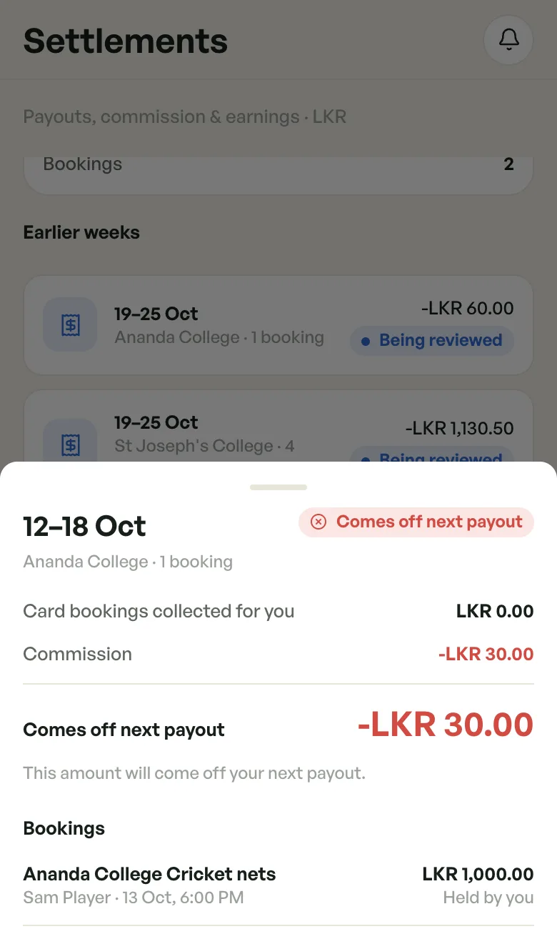 Week 12 to 18 Oct with status Comes off next payout: commission -LKR 30.00 on a pay-at-venue booking