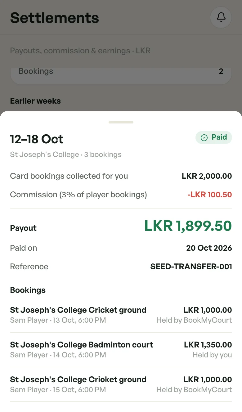 Details for 12 to 18 Oct, Paid: Payout LKR 1,899.50, Paid on 20 Oct 2026 and a bank reference